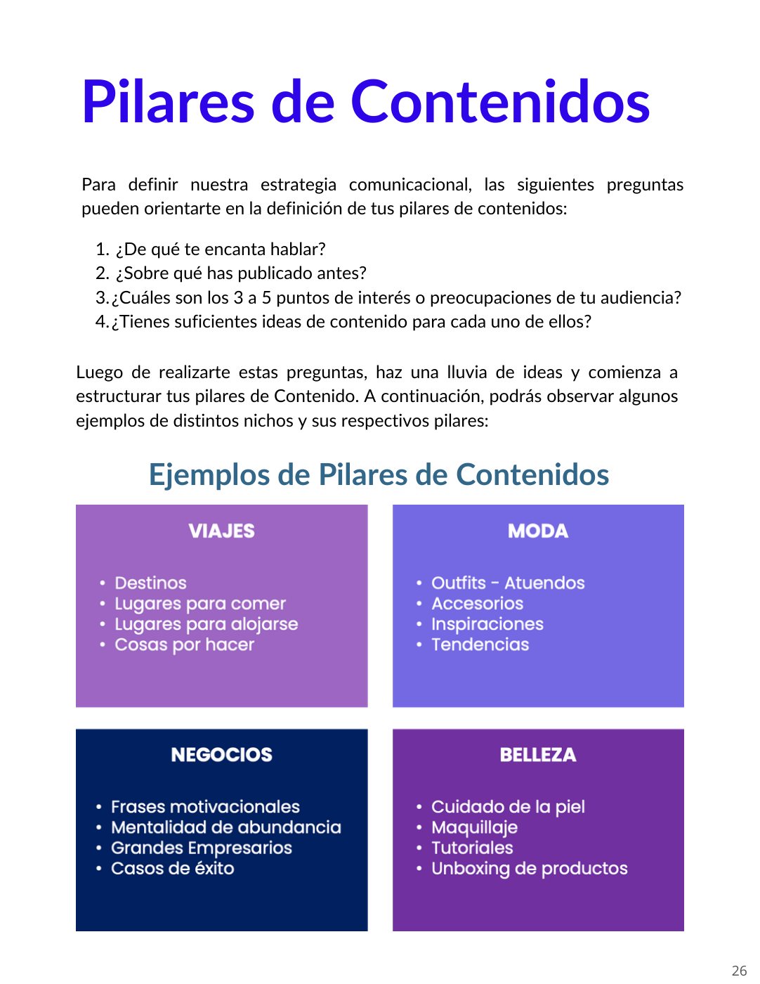 Ejemplos de pilares de contenidos